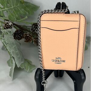 Coach Blush Leather ID Card Holder Lanyard Chain Zip Coin Purse Wallet, NWT‎